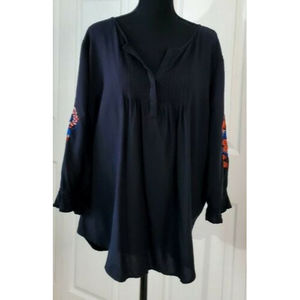 Liz Claiborne Career Black Blouse Top Floral Embroidered Shirt Size XXL  EUC